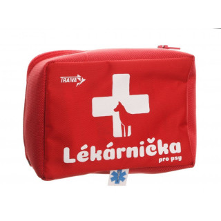 Kompaktná vrecková prvá pomoc pre psov na turistiku a cestovanie v červenej farbe.